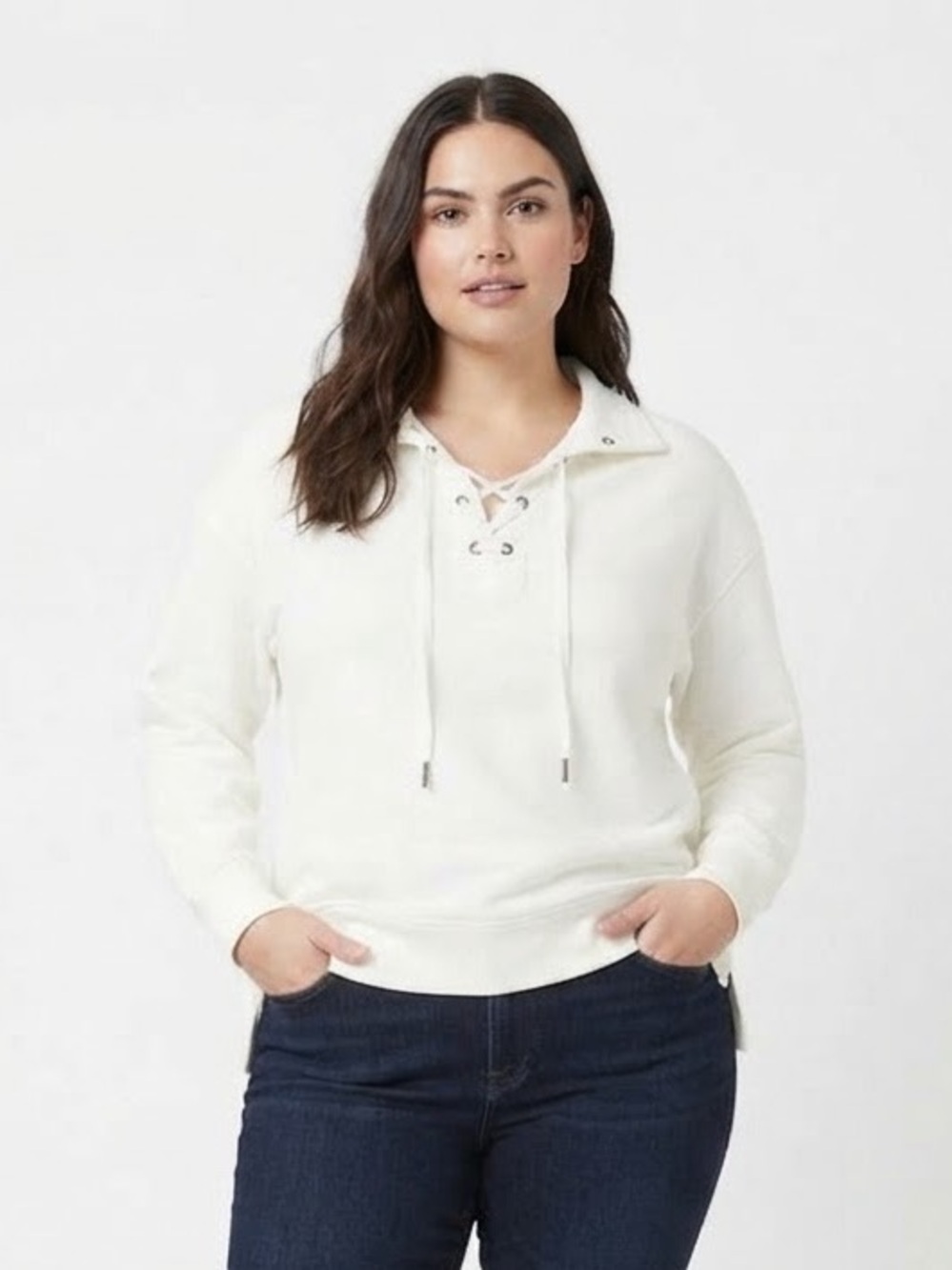Zim & Zoe Lace Up Collar Long Sleeve Top